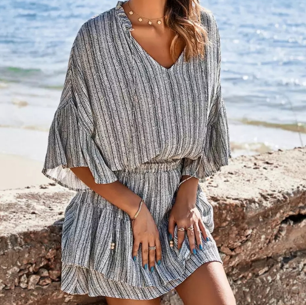 Hermine V-neck Elastic Waist Striped A-Shape Dress